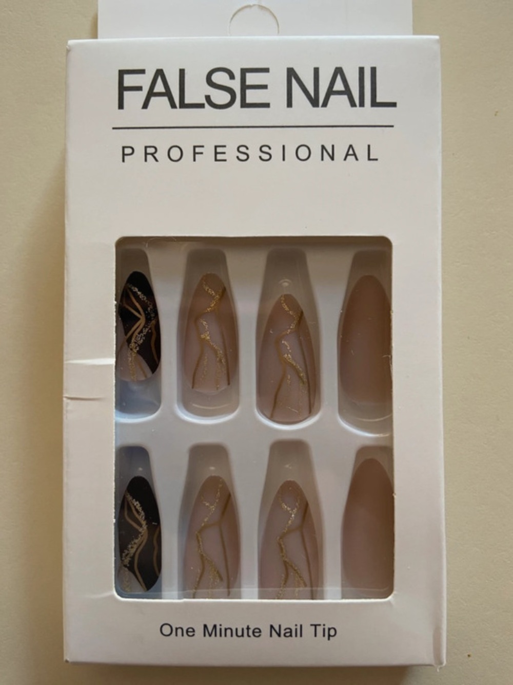 Professional Nude & Black Press-On Nails with Gold Accents